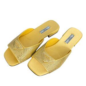 Prada Satin Crystal Embellished Yellow Slide Sandals 37.5, 1XX642 NEW